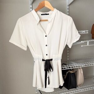 Aritzia Cream Short-Sleeve Button Tie-Waist Top with Black Tie